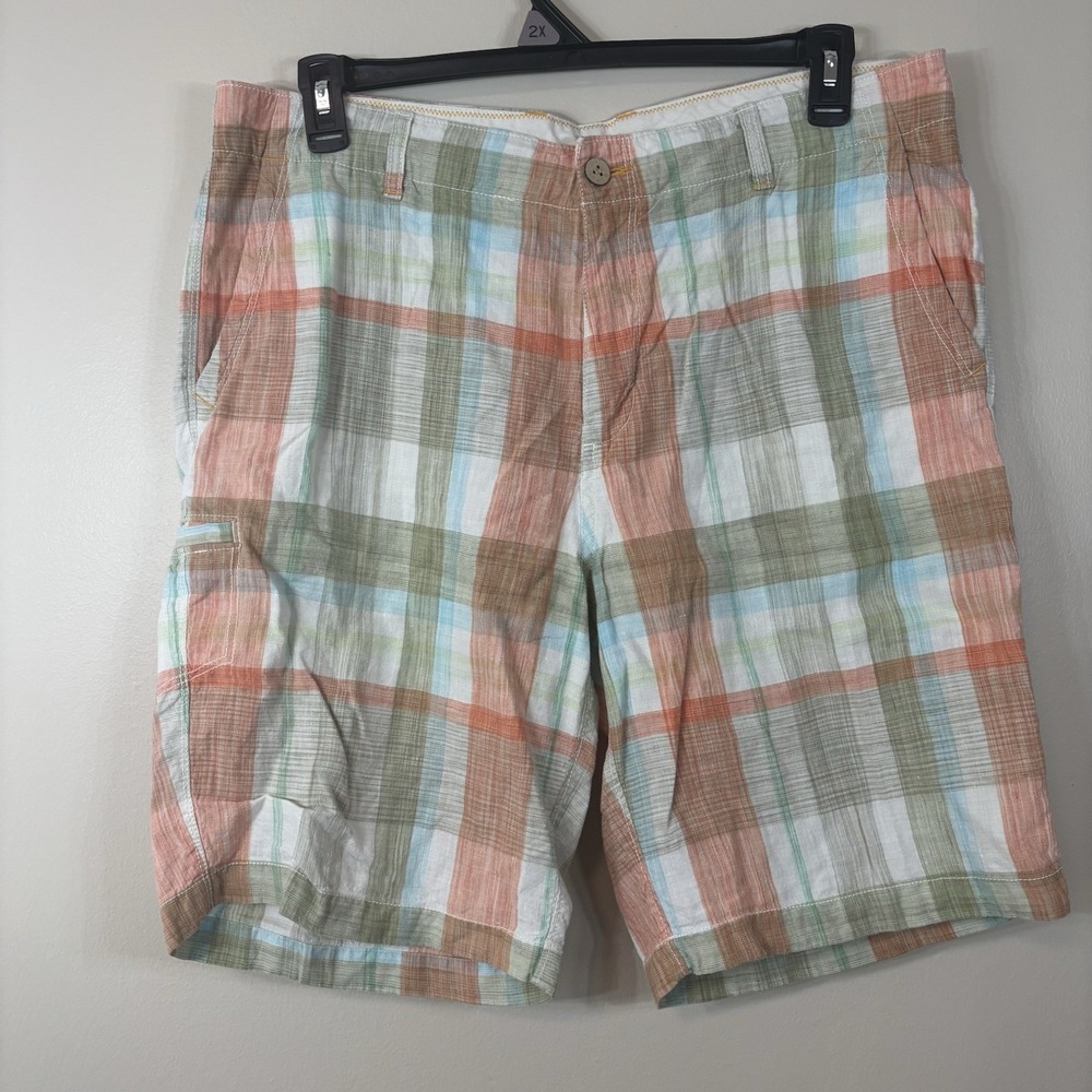 Tommy Bahama Relax Shorts Mens 36 Plaid Cargo 100% Linen Casual Adult